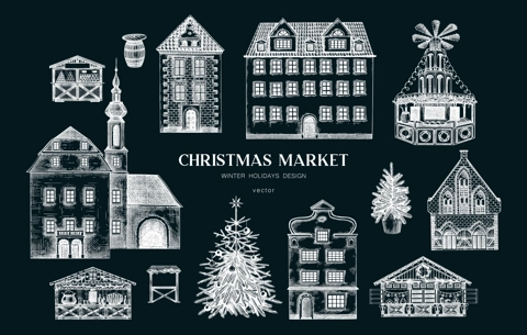 Vintage Christmas background. Architecture sketch. European fair banner on chalkboard. Christmas market hand-drawn vector illustration.NOT AI generated